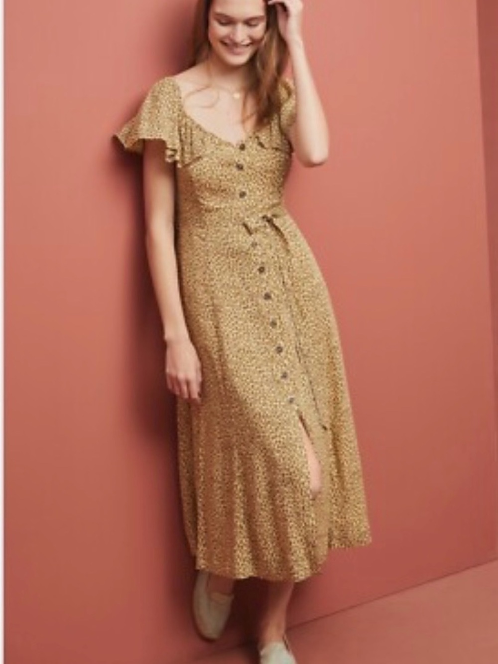 Anthropologie Mustard Floral Button-Front Midi Dress